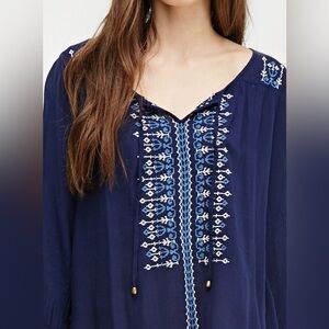 EUC FOREVER 21 Embroidered Navy Long Sleeves Women's Top, Bell Sleeves Tie Neck